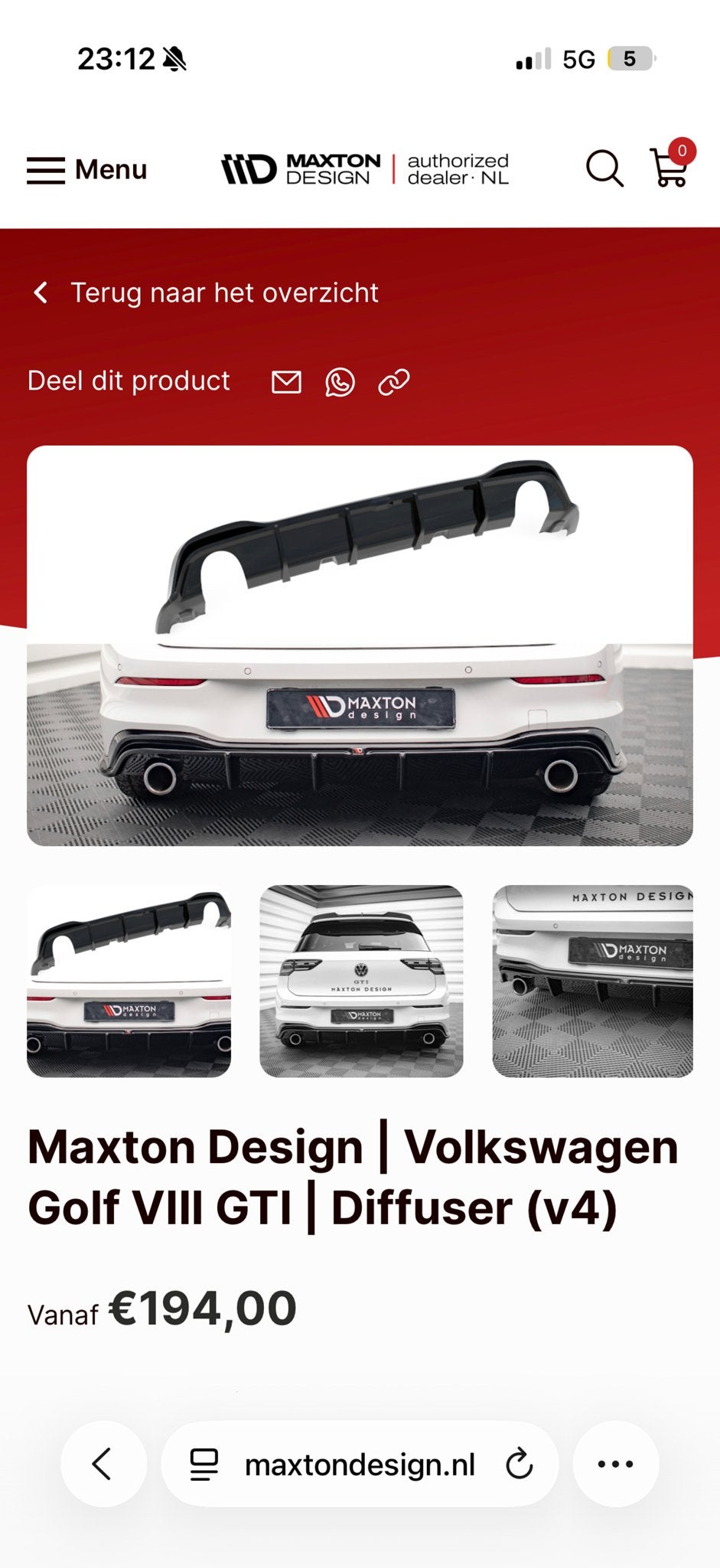 Maxton Design Diffuser VW Golf 8 GTI (V4), Ophalen