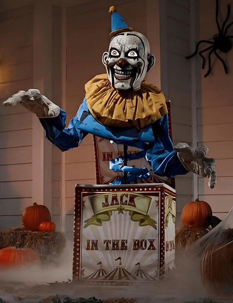 ESPA - Geanimeerde clowndecoratie Jack in the box 180 cm, Ophalen of Verzenden, Zo goed als nieuw, Versiering, Halloween of Griezel