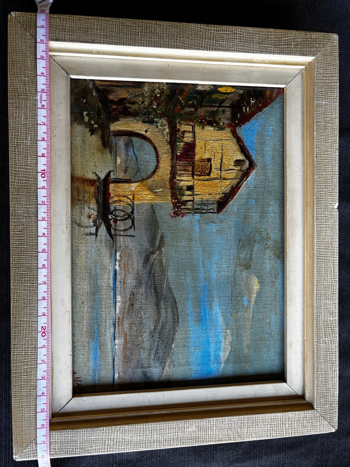 Vintage olieverfschilderij op doek met houten lijst, Antiek en Kunst, Doek, Ophalen of Verzenden, Landschap, Olieverf