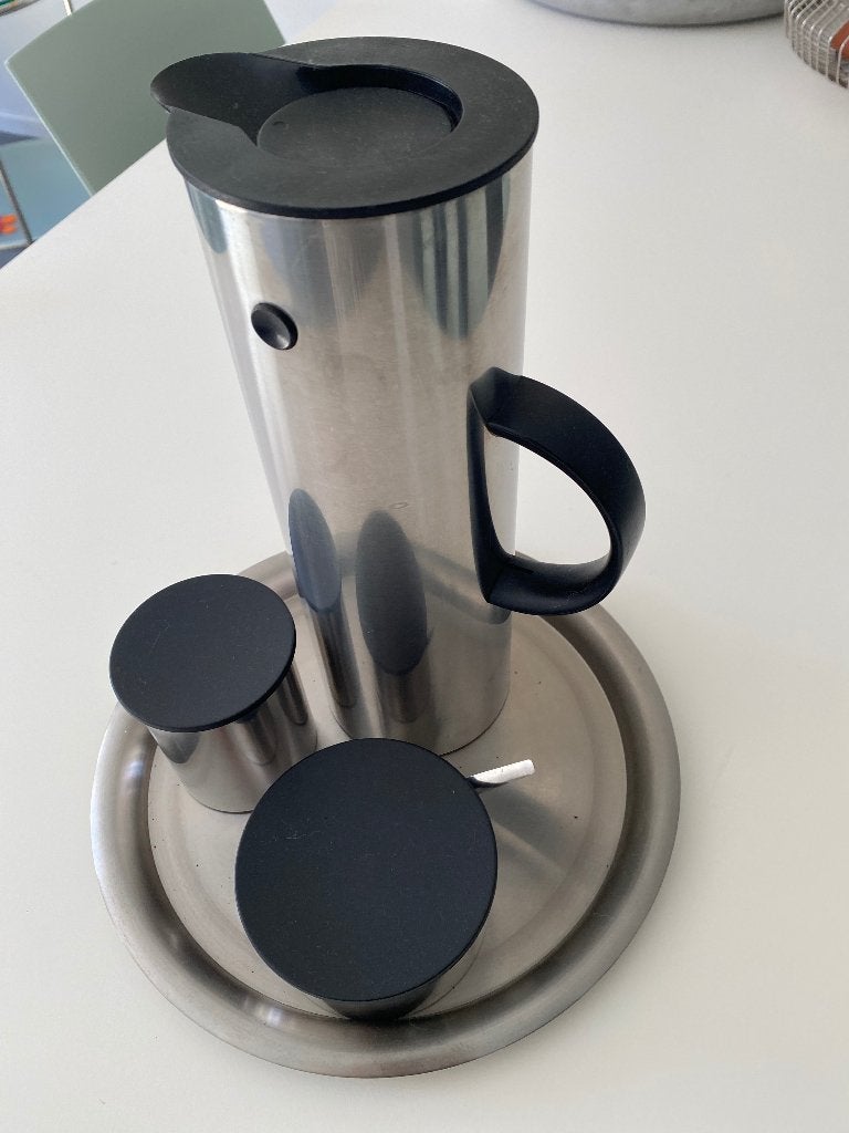 RVS Stelton koffiekan met melk en suikerpotje, Ophalen, Overige typen, Zilver, Zo goed als nieuw