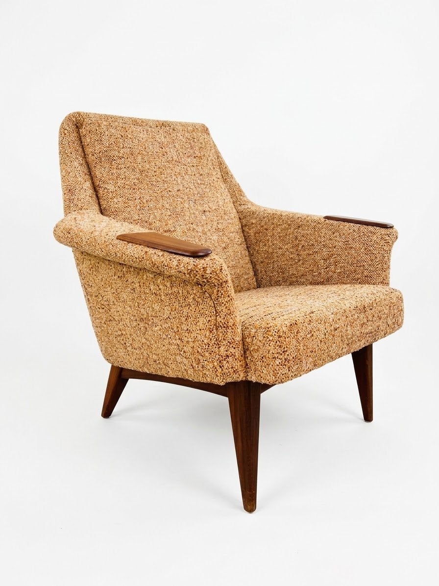 Vintage fauteuil teakhout | okergeel bruin gemeleerd nieuw, Hout, ., Vintage, 75 tot 100 cm