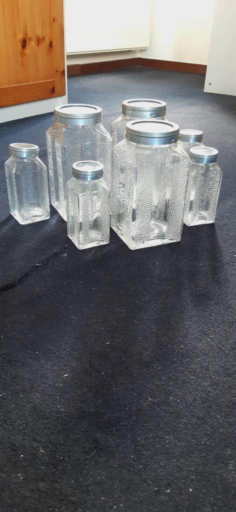 7 glazen voorraad potten uit oma's keuken/ keuken potten, Ophalen of Verzenden, Gebruikt, Glas, Pot, Bus of Blik