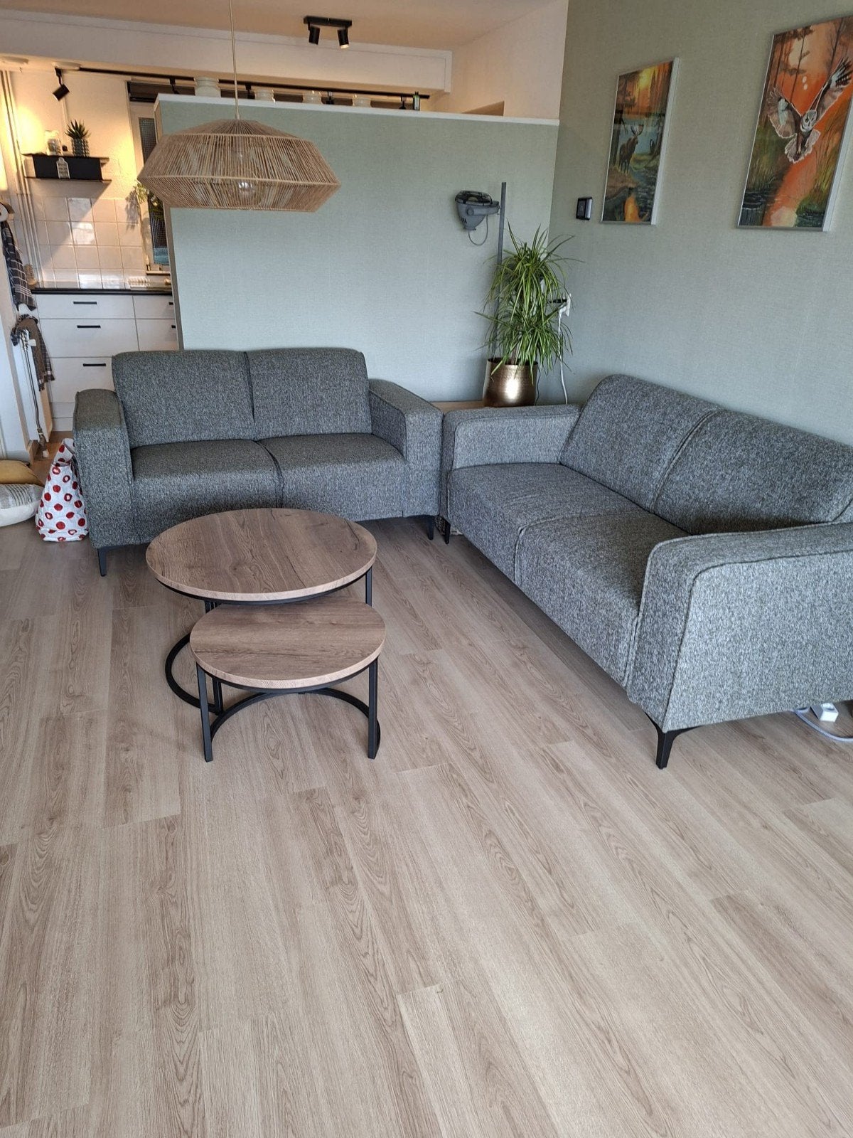 Moderne grijze bankenset - 2-zits en 3-zits, Ophalen, 75 tot 100 cm, Zo goed als nieuw, Rechte bank