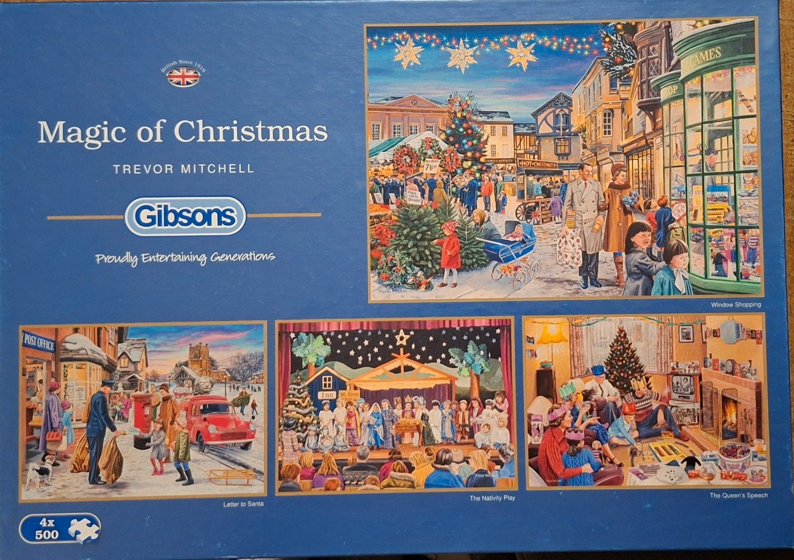 Gibsons puzzel Magic of Christmas 4 x 500 pc, zgan., Ophalen of Verzenden, 500 t/m 1500 stukjes, Zo goed als nieuw, Legpuzzel