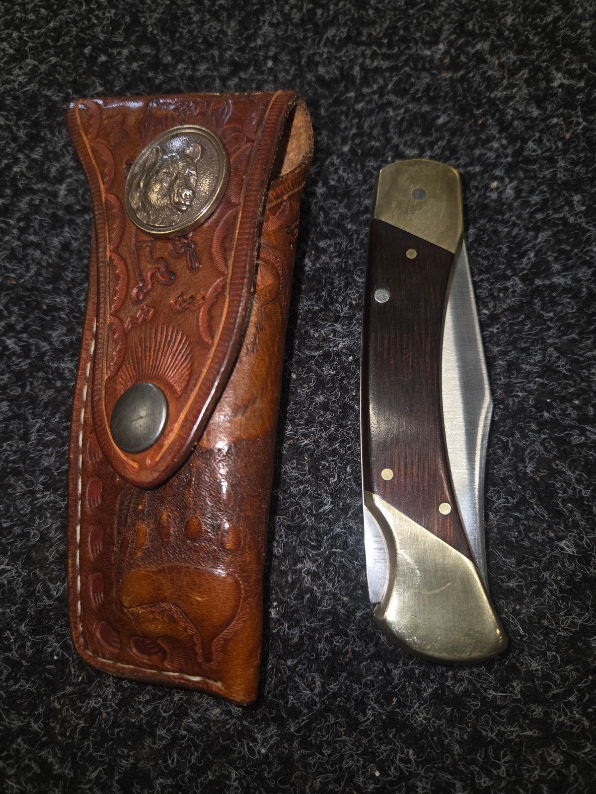 Vintage Schrade+ USA 167 opvouwbaar zakmes met leren schede, Ophalen of Verzenden