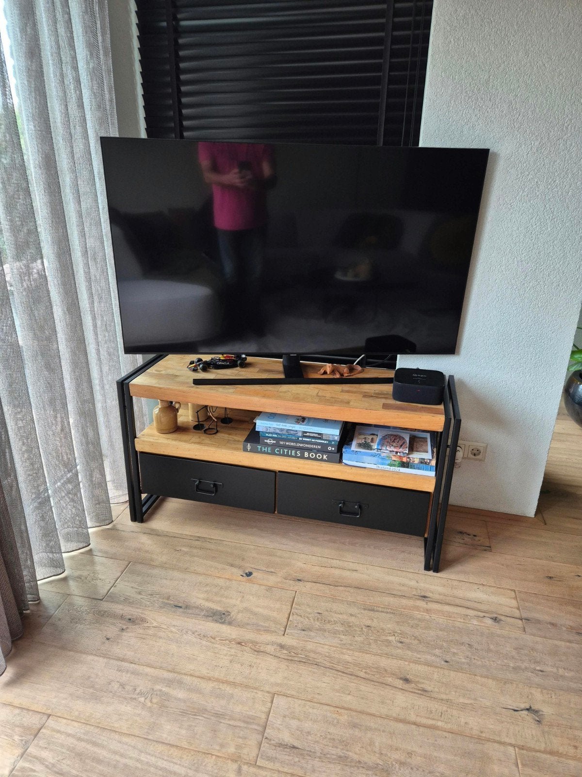 TV-meubel industrieel hout en metaal met lades, 100 tot 150 cm, Zo goed als nieuw, Minder dan 100 cm, Industrieel