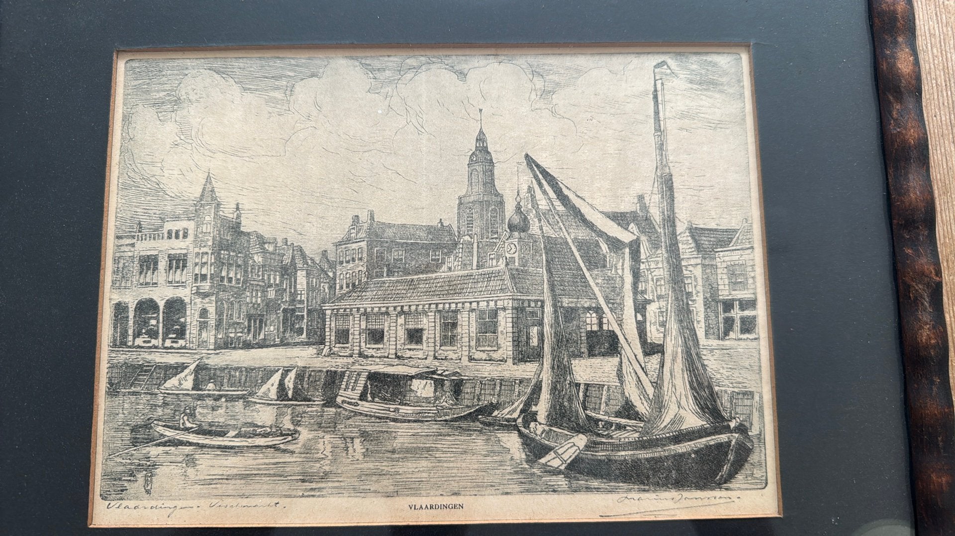 Vlaardingen Vismarkt, 31 cm, Ingelijst, 1800 - 1899, Ophalen of Verzenden