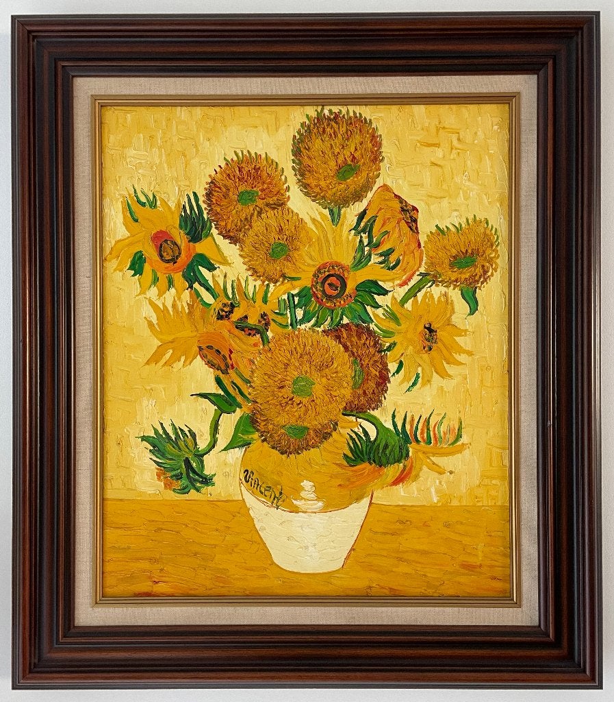 Zonnebloemen in vaas, Van Gogh stijl, 80 x 70cm, Bloemen, Ingelijst, Doek, Impressionistisch