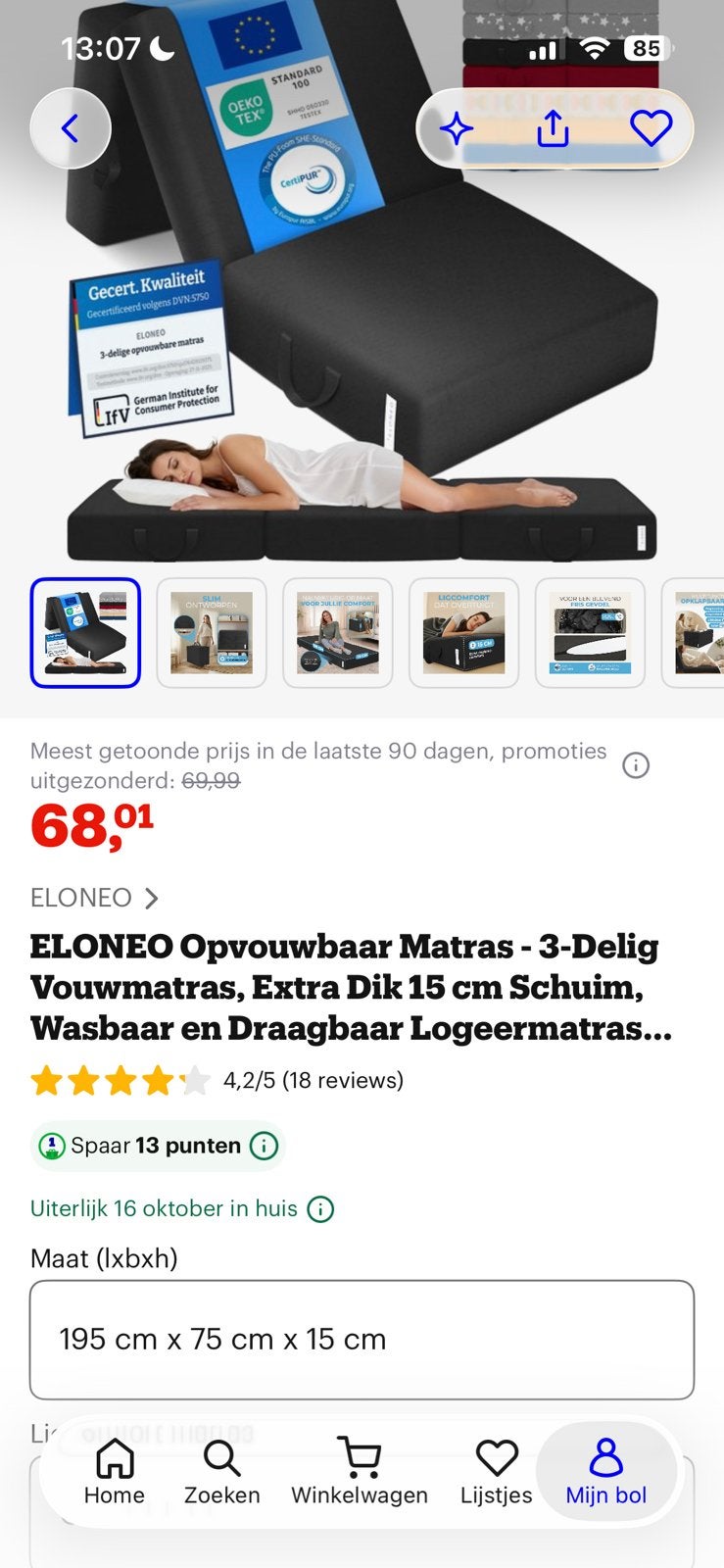 Opvouw matras Eloneo, Ophalen, Zo goed als nieuw, Eenpersoons, 190 cm of minder