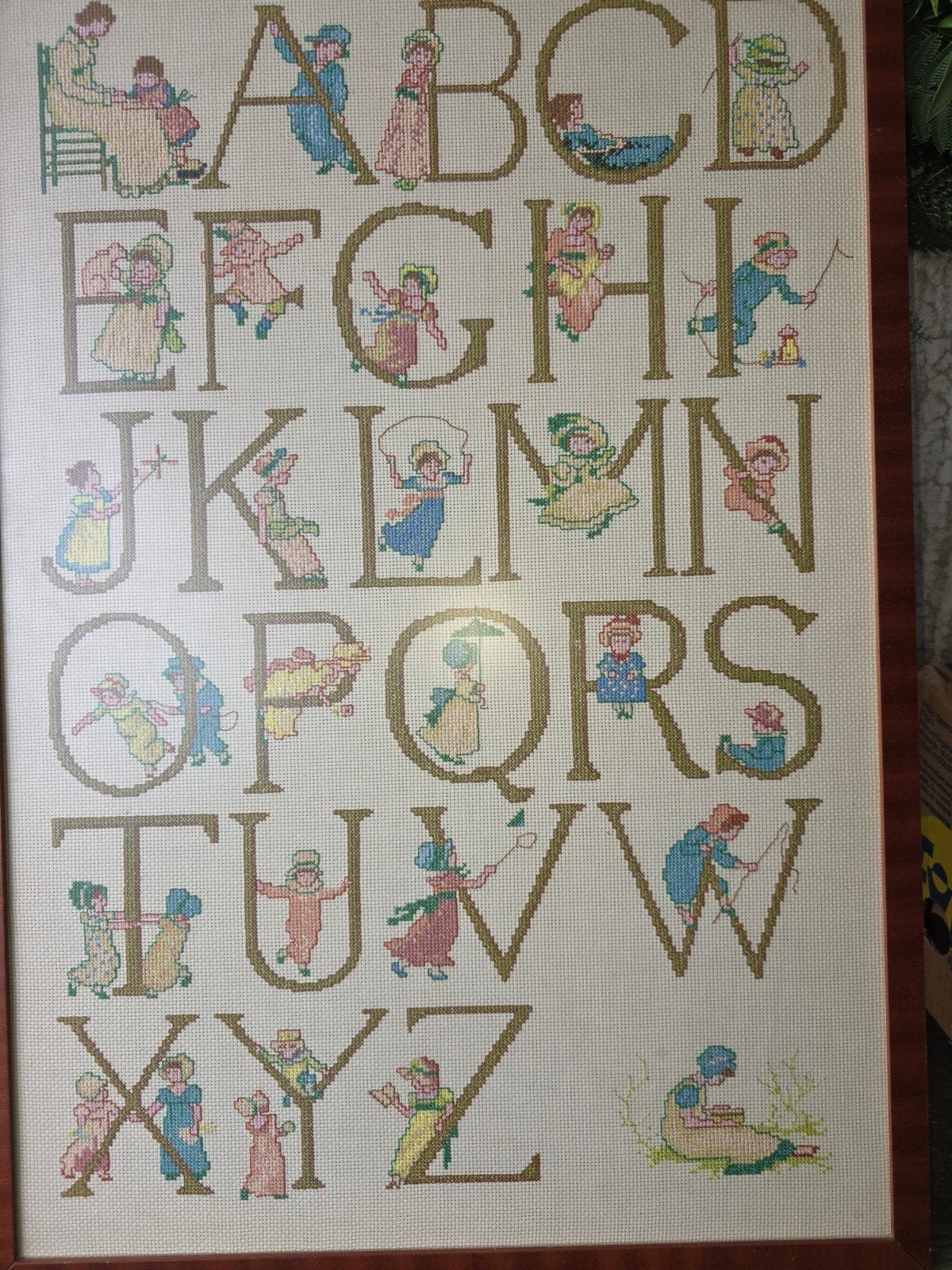 Geborduurd ABC-alfabet met kinderfiguren in lijst, Ophalen, Gebruikt, Overige typen, 75 – 100