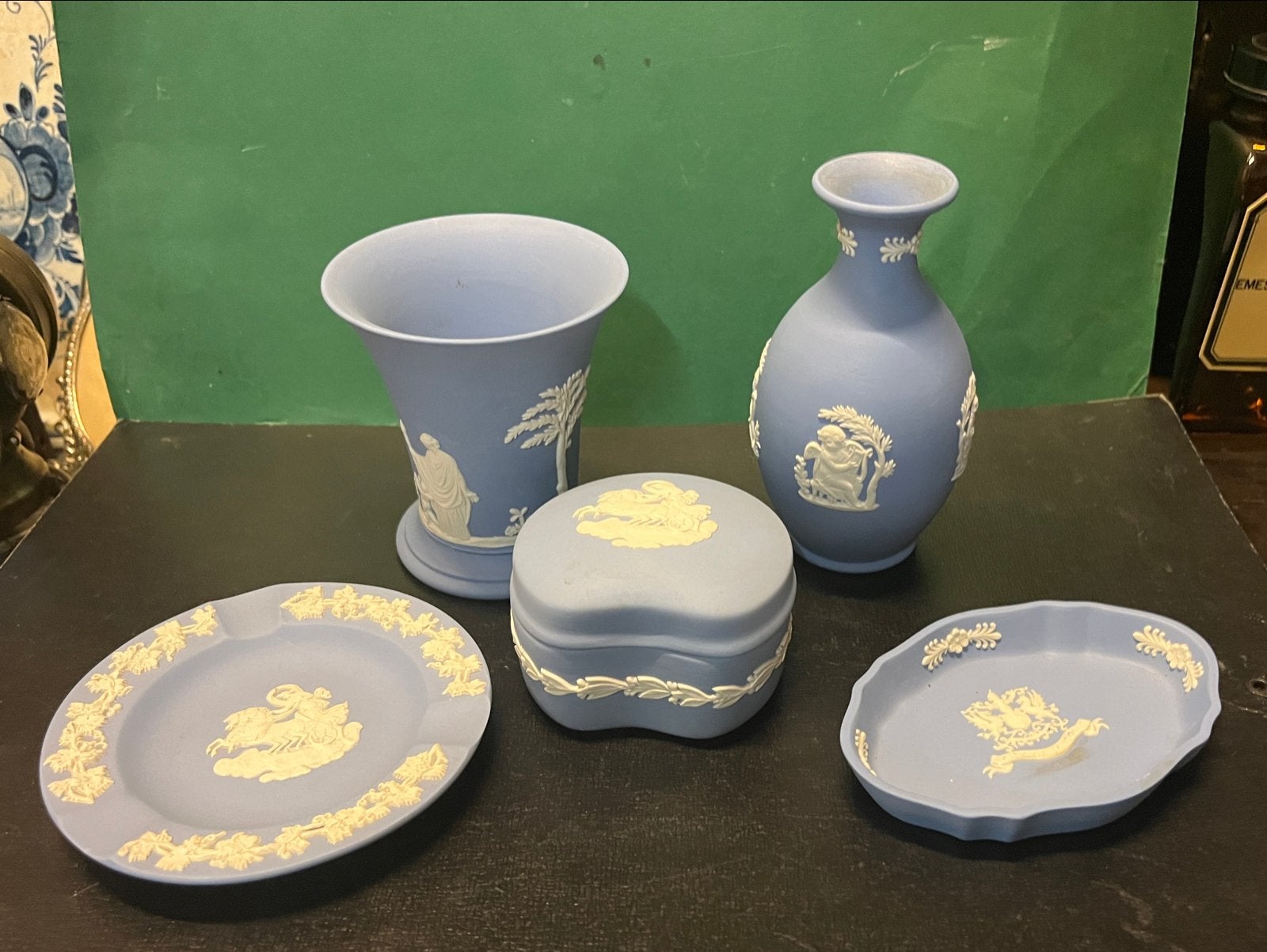 Mooi setje Wedgwood Jasperware blauw - 5 stuks, Ophalen of Verzenden
