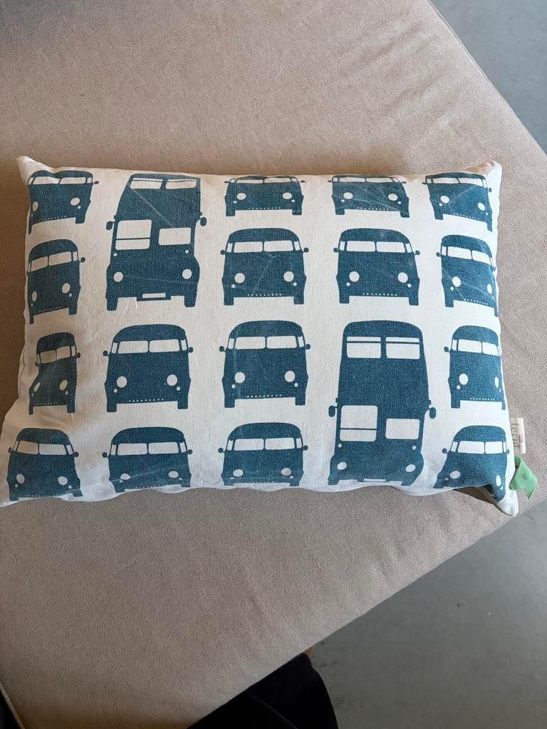 Ferm Living Kussen met busjesprint, Ophalen of Verzenden, Gebruikt, Blauw, Rechthoekig
