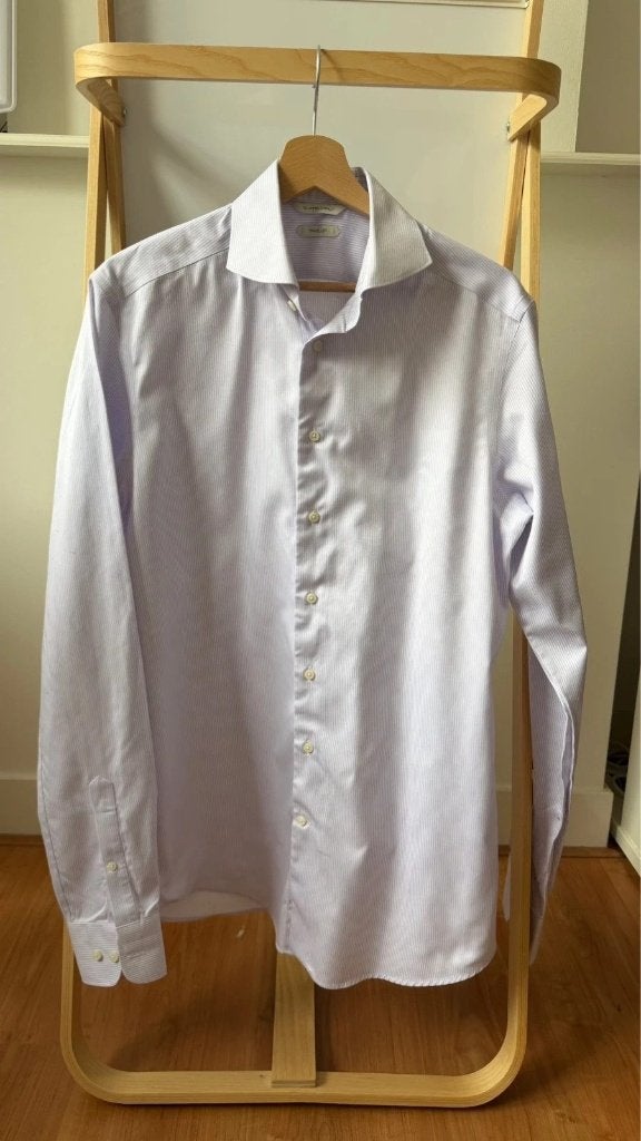 Suitsupply Traveller Shirt White Pink Striped Size 39 Goede, Verzenden, Wit, Halswijdte 39/40 (M), Zo goed als nieuw