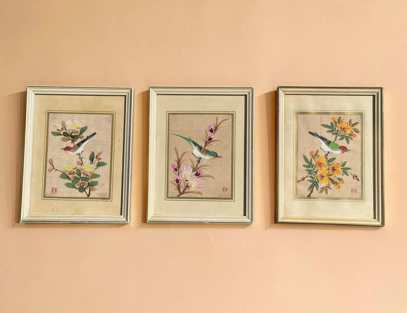 Vintage Aziatisch Drieluik: Vogels op Bloesemtakken, Handgemaakt, Ophalen of Verzenden, China, Meerkleurig