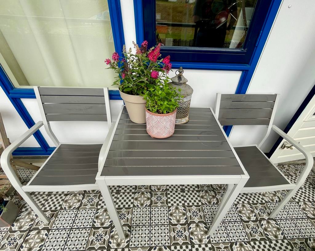 Nette aluminium balkonset – 2 stoelen + tafel IKEA Sjalland, Ophalen, Zo goed als nieuw, Aluminium, 2 zitplaatsen