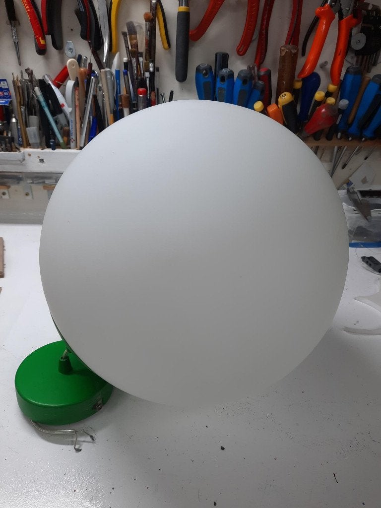 Ronde glazen hanglamp 30cm doorsnede groene basis, Ophalen, Gebruikt, E27 (groot), Glas