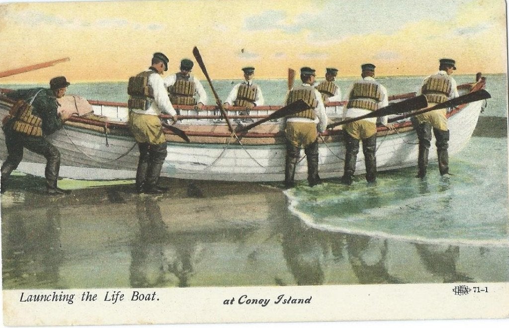 Ansichtkaart: Lancering reddingsboot, Coney Island (1920), Verzamelen, Ophalen of Verzenden, Voor 1920, Gelopen, Buiten Europa