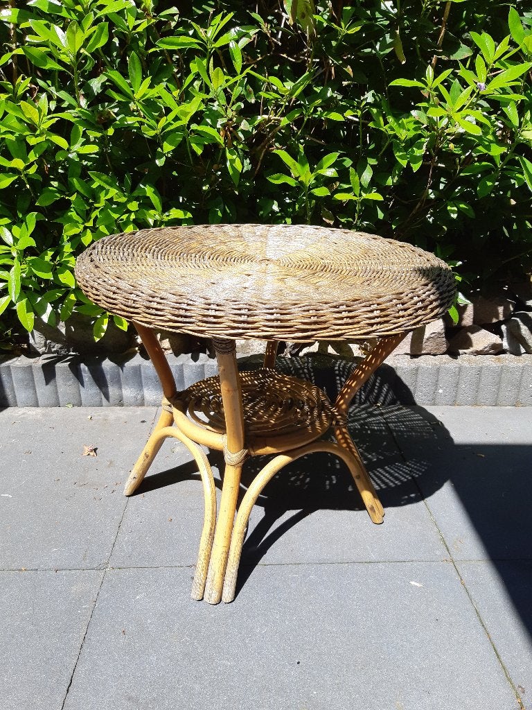 Rotan bijzettafel vintage, Huis en Inrichting, 45 tot 60 cm, Gebruikt, Boho Ibiza, Rond