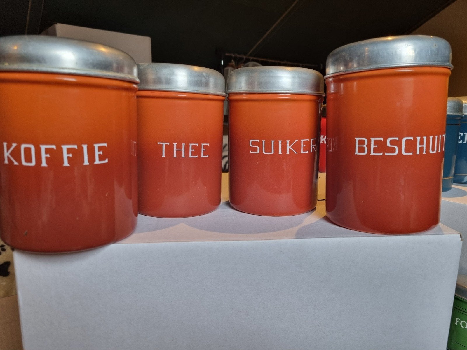Vintage voorraadblikken set - Koffie, Thee, Suiker, Beschuit, Verzenden