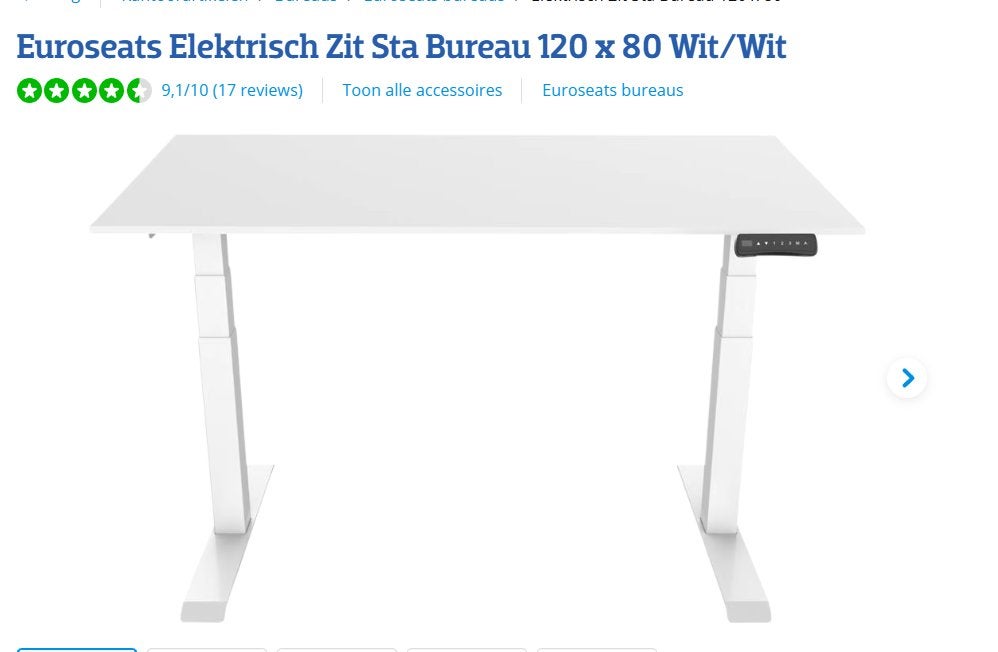 Euroseats Elektrisch Zit-Sta Bureau (Coolblue), Ophalen, Zit-sta bureau, 120 cm, Nieuw