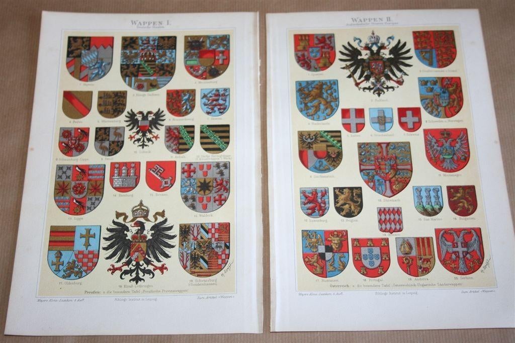 4 antieke kleurenlitho's - Heraldiek [wapens] - Ca 1900, Antiek en Kunst, Ophalen of Verzenden