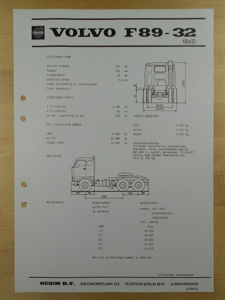 Volvo F89 Technische Specificatie Brochure 1972  6x2, Volvo, Zo goed als nieuw, Volvo, Ophalen of Verzenden