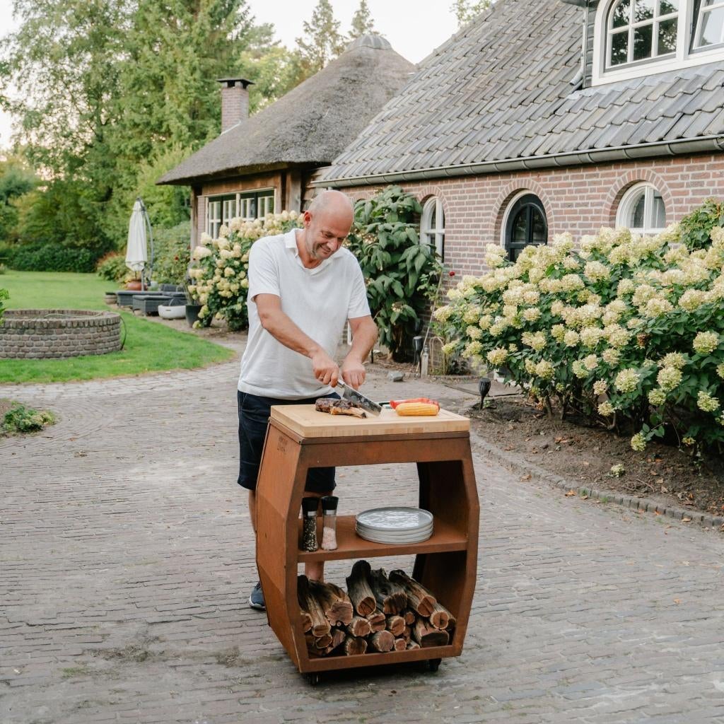 bbq bijzettafel tabla Cortar van Cortenstaal met snijplank, Ophalen of Verzenden, Nieuw, RJRoyal Living