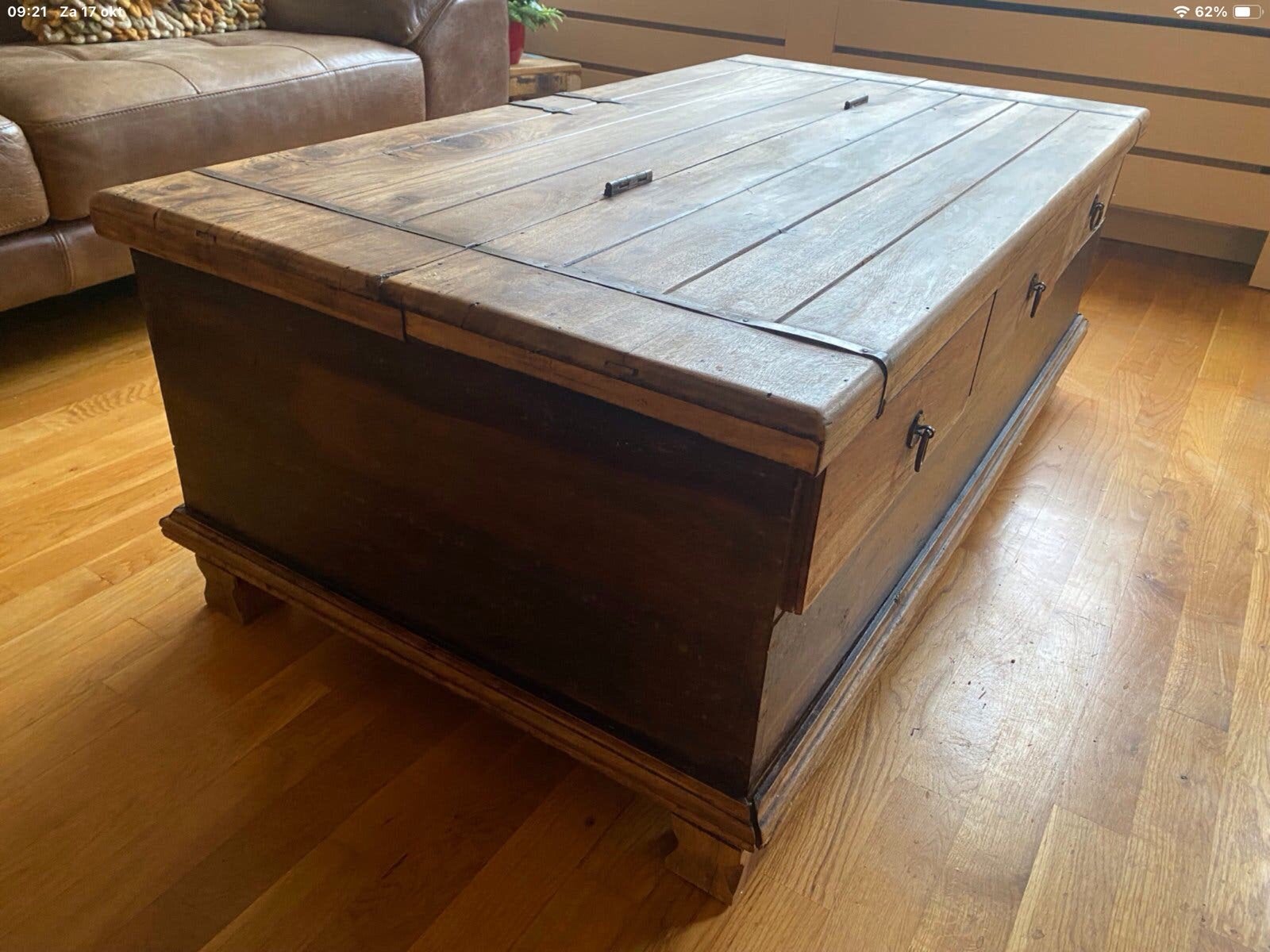 Massief houten salon tafel opbergkist, Ophalen, Gebruikt, 100 tot 150 cm, 50 tot 100 cm
