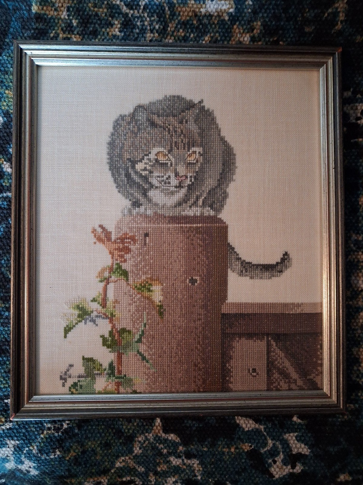 Geborduurd schilderij kat, Huis en Inrichting, Woonaccessoires | Schilderijen, Tekeningen en Foto's, Minder dan 50 cm, Gebruikt