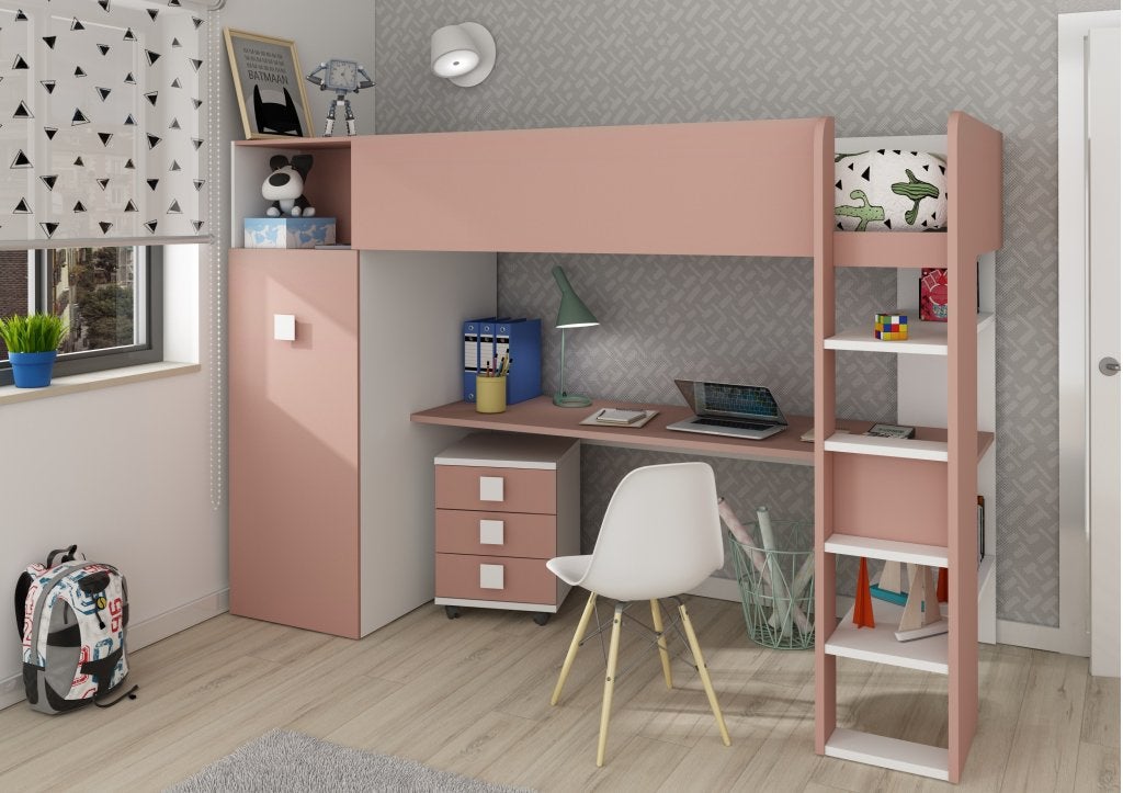 Jules hoogslaper plus met bureau en kast - 90x200 - Oudroze, Niet ingevuld, Niet ingevuld, Niet ingevuld