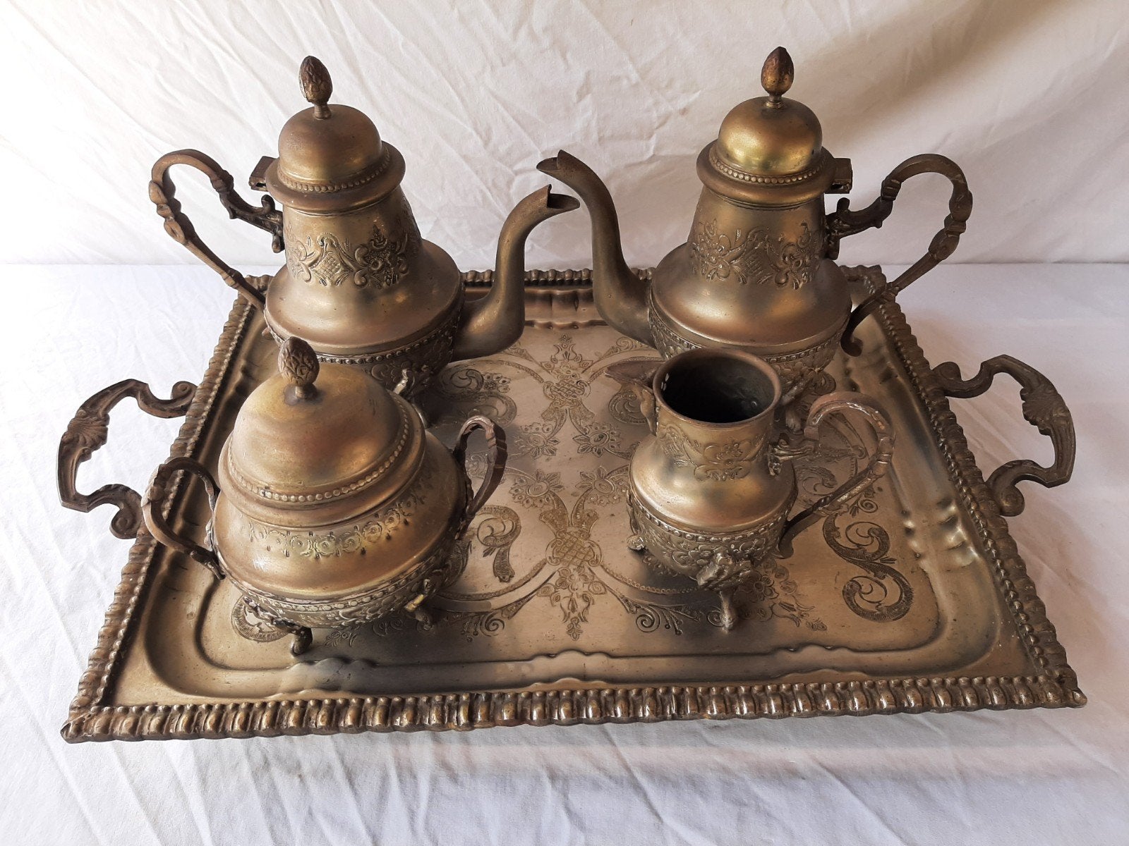 Mooie oude koffie, thee servies op dienblad Antiek izgst., Ophalen