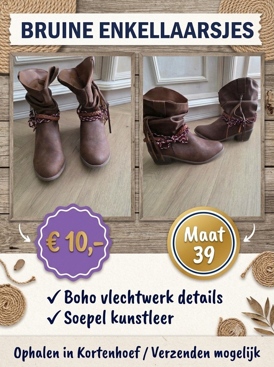 Bruine Enkellaarsjes - Maat 39 - Boho Stijl, Bruin, Lage of Enkellaarzen, Ophalen of Verzenden, Zo goed als nieuw