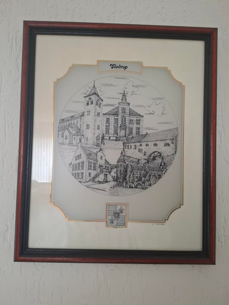 Ingelijste glasgravure Vlodrop door G Swaenepoel, Ophalen