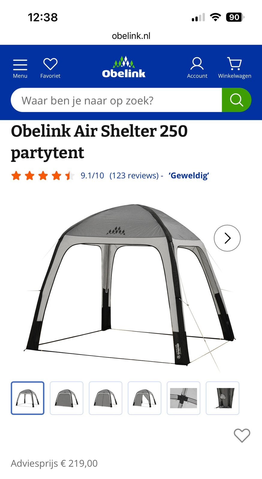 Obelink Air Shelter 250 partytent - 1 keer gebruikt., Ophalen, Zo goed als nieuw
