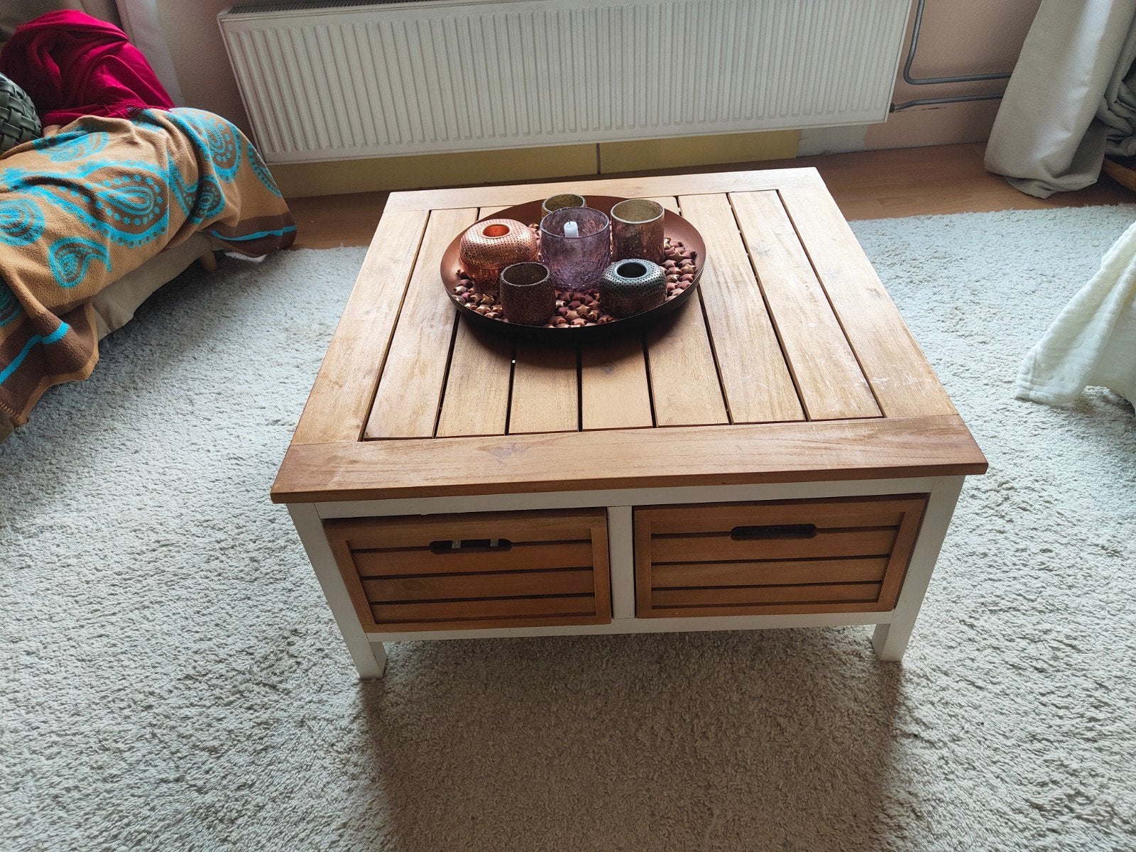 Salontafel met lades - Hout en wit, Huis en Inrichting, Ophalen, 50 – 75, Gebruikt, 50 tot 100 cm