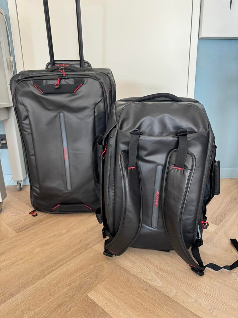 Zwarte Samsonite kofferset type Ecodrive, Wieltjes, Zo goed als nieuw, Zacht kunststof, 35 tot 45 cm