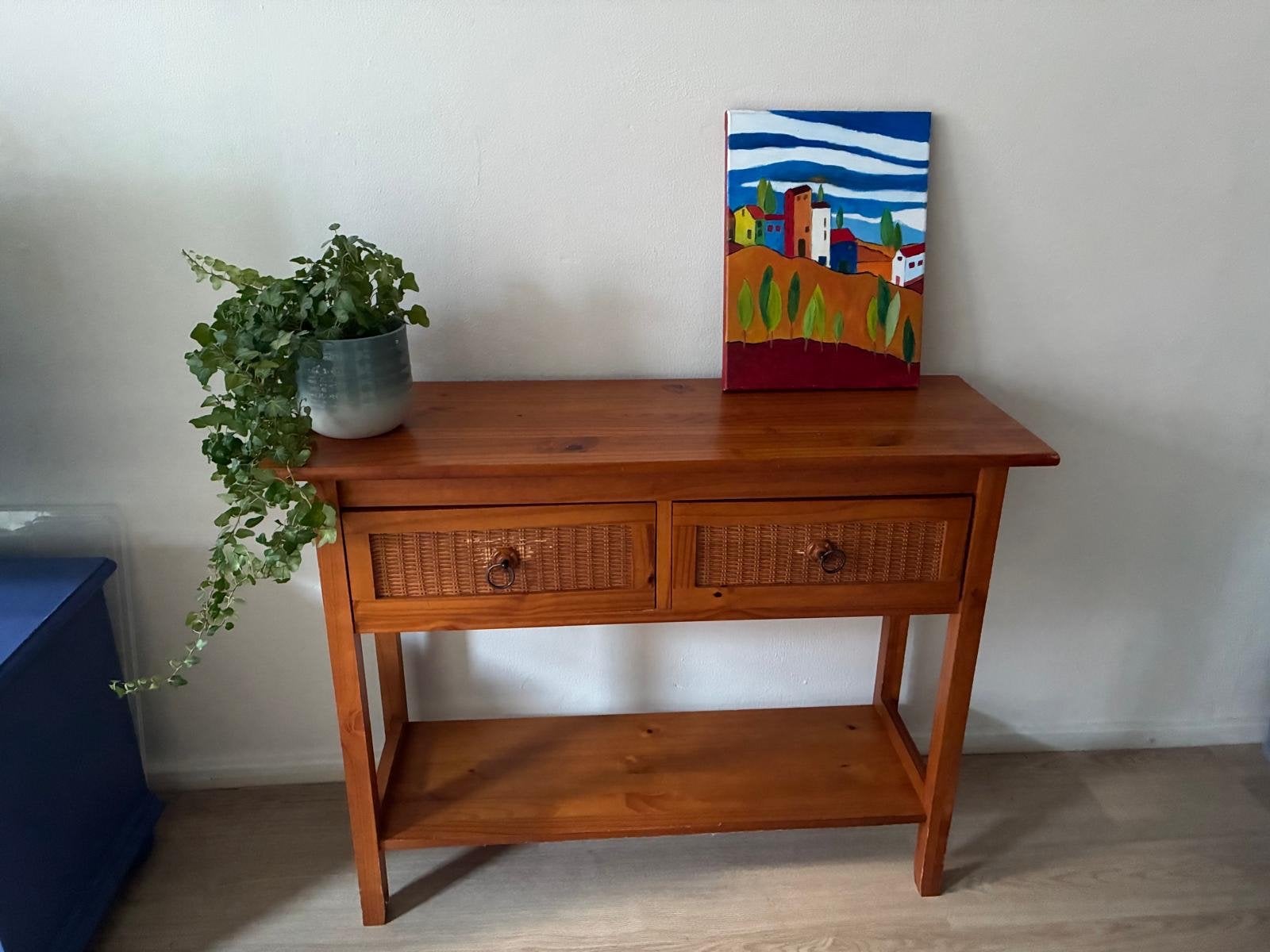 Sidetable/haltafel met lades en rotan details - 100x35cm, Ophalen, Gebruikt, 50 tot 100 cm, Grenenhout