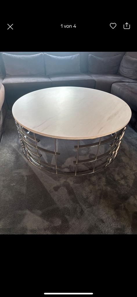 Salontafel rond zilver marmer plaat, Ophalen, 100 tot 150 cm, Rond, Zo goed als nieuw