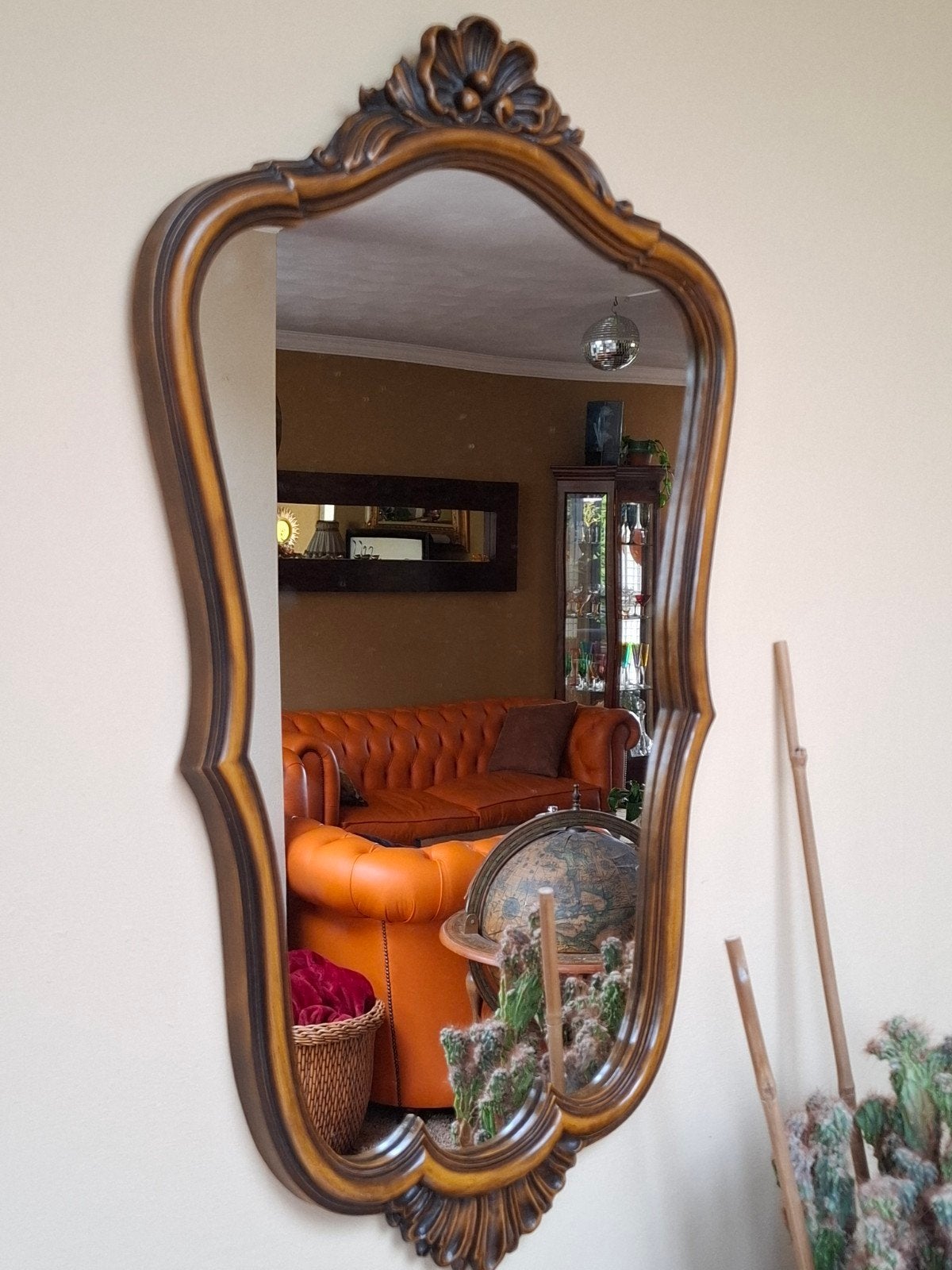 Antieke Pieterman Spiegel met Sierlijke Lijst, Ophalen of Verzenden, Overige vormen, Minder dan 50 cm, Minder dan 100 cm