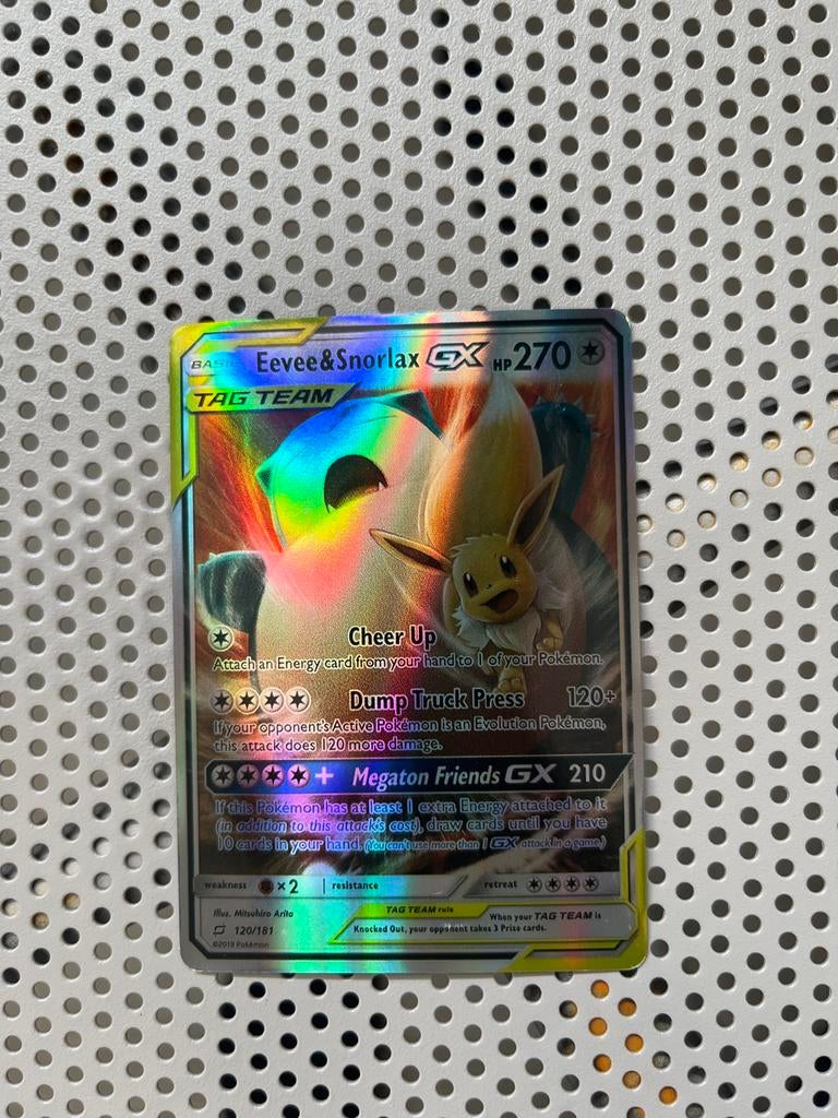Eevee & Snorlax GX Pokémon kaart, Ophalen of Verzenden, Gebruikt, Losse kaart, Foil