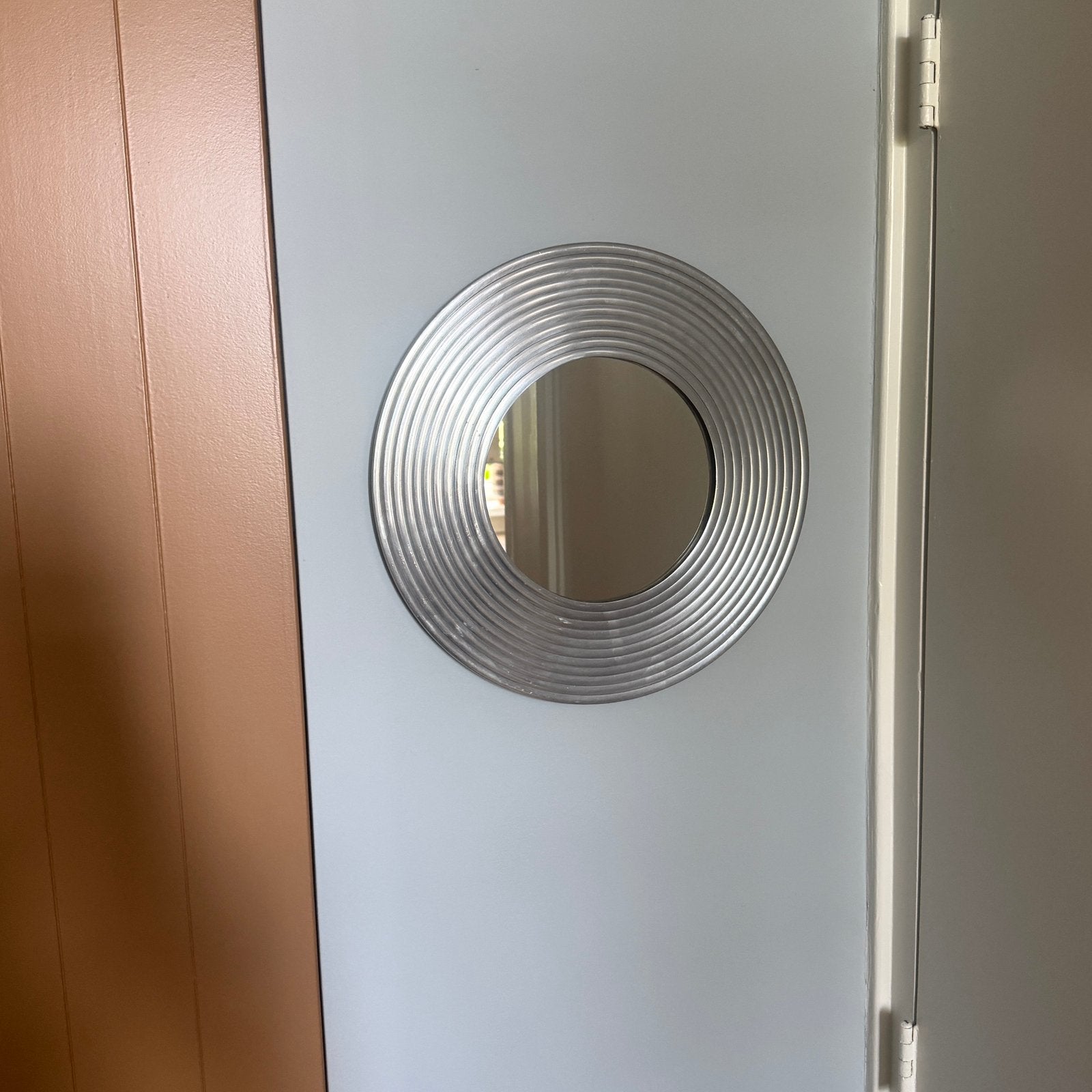 Deknudt ronde spiegel metaal zilver, Antiek en Kunst, Ophalen of Verzenden, Rechthoekig, Minder dan 50 cm