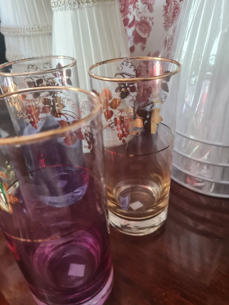 5 vintage limonade glazen met bladgoud set 19,95, Verzamelen, Glas en Borrelglaasjes, Heikant 21 Kaatsheuvel, Belle Vieille Brocante