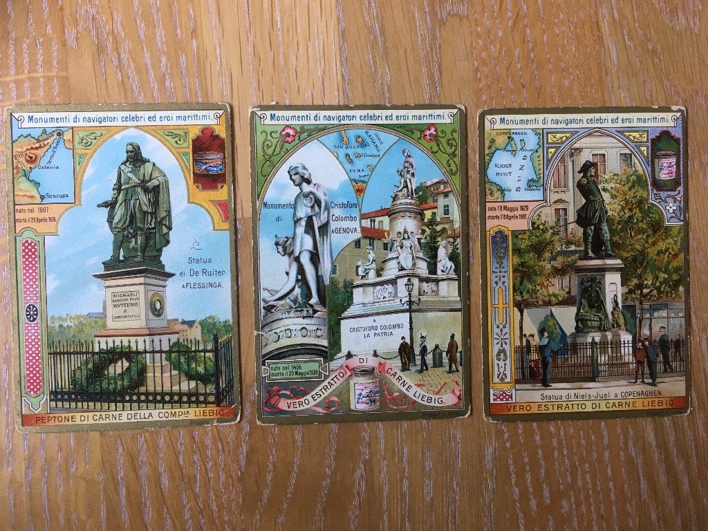 Liebig reclame plaatjes litho 7x11cm 3x, Gebruikt, Verzenden, Voor 1940, Prent