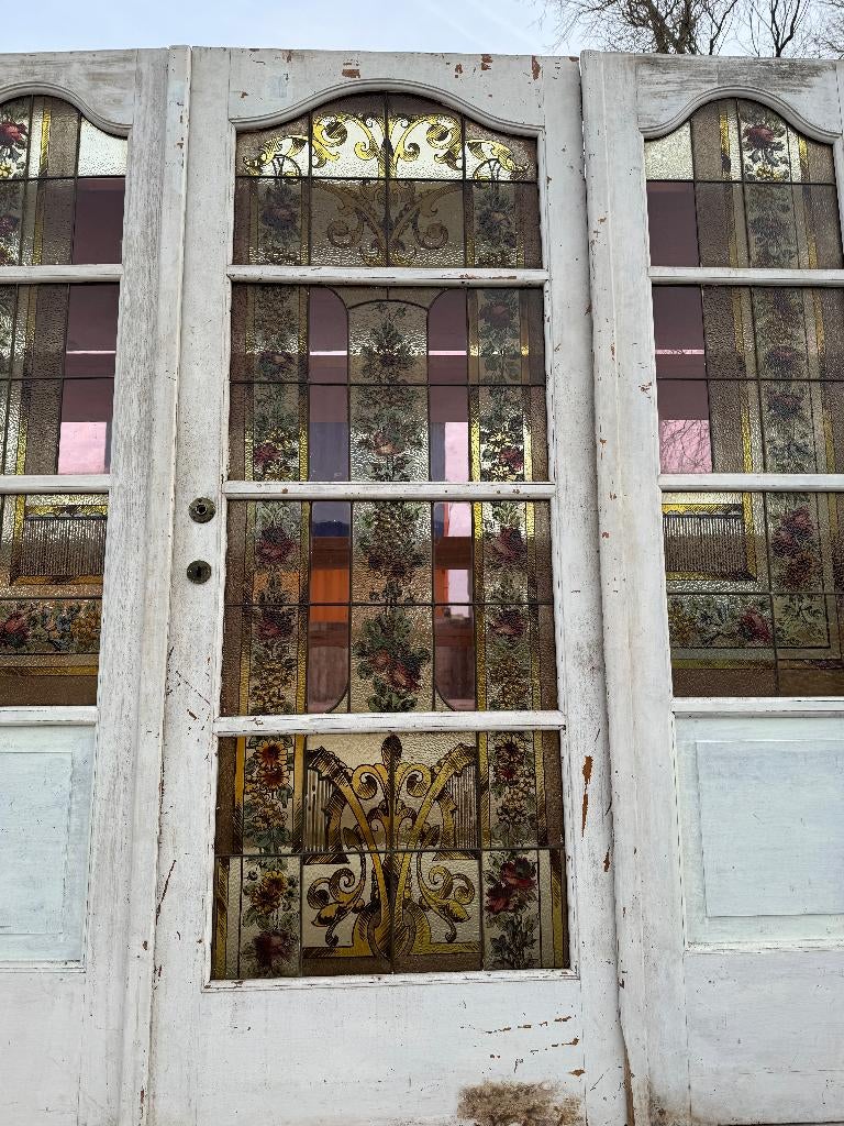 Set Jugendstil glas in lood deur met zijramen 204x204cm., Ophalen