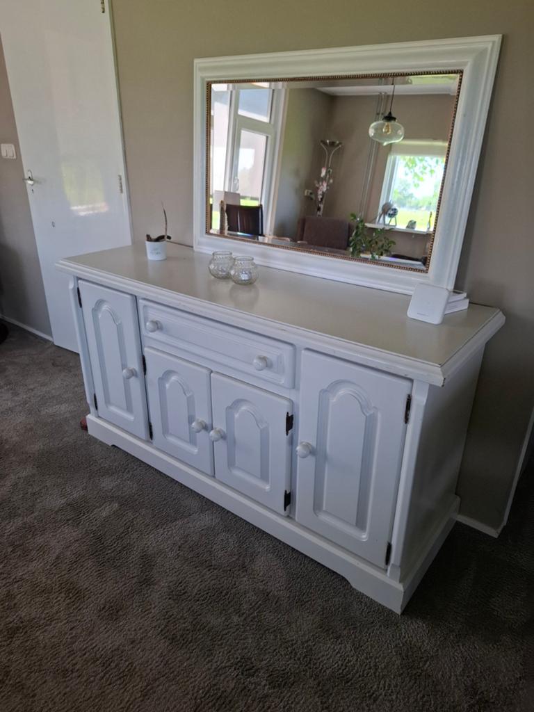 Wit dressoir met spiegel - Landelijke stijl t.e.a.b., Ophalen, Gebruikt, 150 tot 200 cm, Landelijke stijl