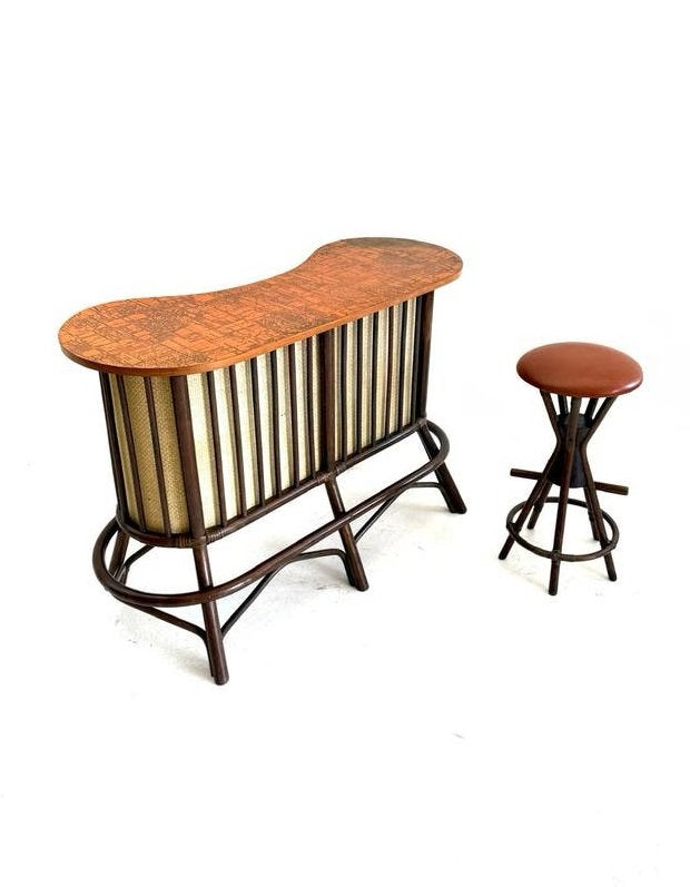 Vintage manou & rotan dry bar, Denemarken ‘60, Gebruikt, Inclusief barstoelen, Ophalen of Verzenden, Nvt