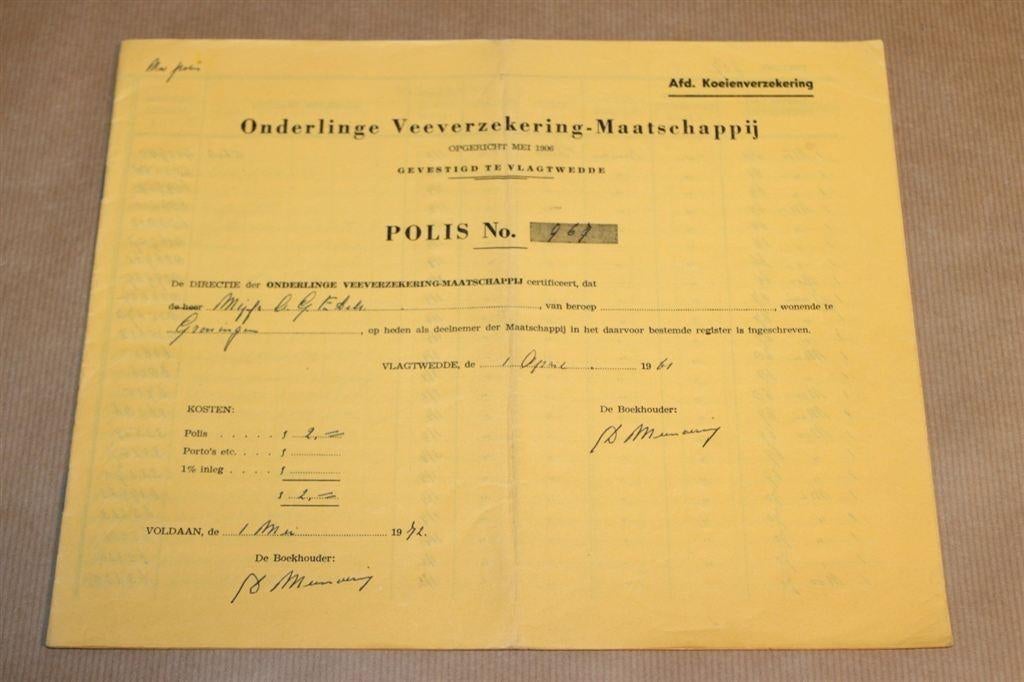 2x polis Veeverzekering-Mij Vlagtwedde - 1961, Boeken, Geschiedenis | Stad en Regio, Ophalen of Verzenden, Gelezen