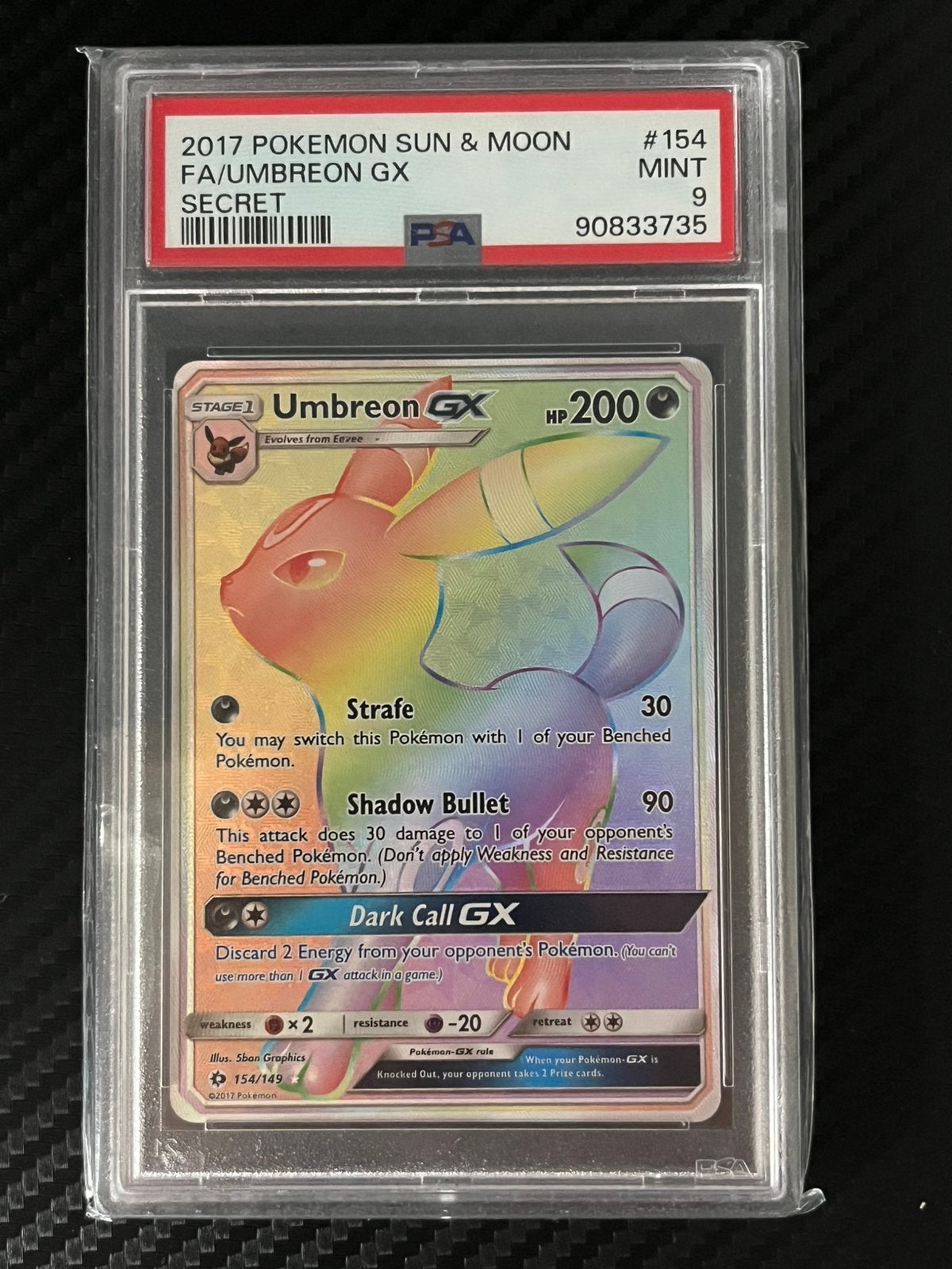 Umbreon GX 154 Pokemon Sun & Moon 2017 PSA 9, Ophalen of Verzenden, Zo goed als nieuw