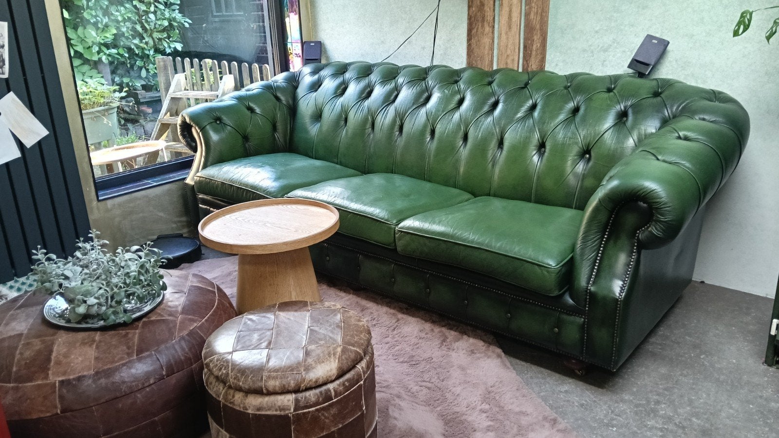 Chesterfield-look 3-zits bank in donkergroen leer, Ophalen, Gebruikt, Chesterfield, Driepersoons