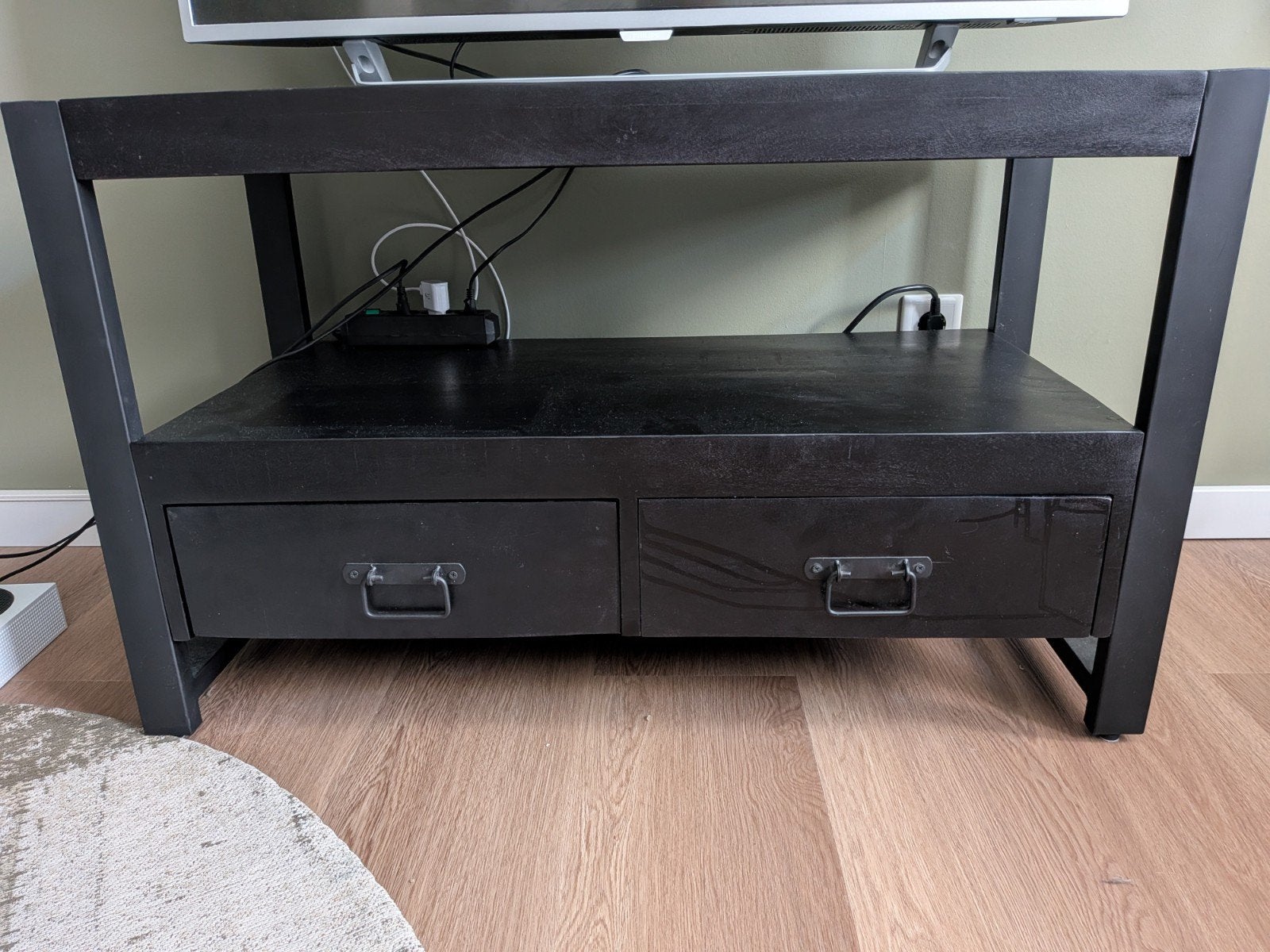 Zwart mangohouten TV meubel, Ophalen, 100 tot 150 cm, Minder dan 100 cm, Industrieel